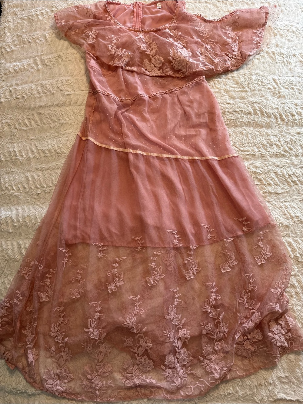 Dressfo Dusty Pink Floral Embroidered Tiered Midi Maxi Dress Cottagecore 8